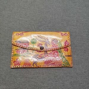 Vintage Embossed Leather Card Holder Wallet Folk Art Scene Deer Woman Brown
